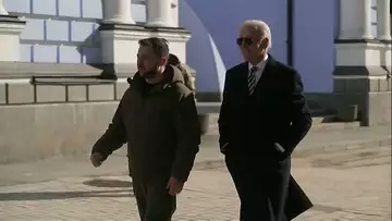 Biden and Zelenskiy walk in Kyiv
